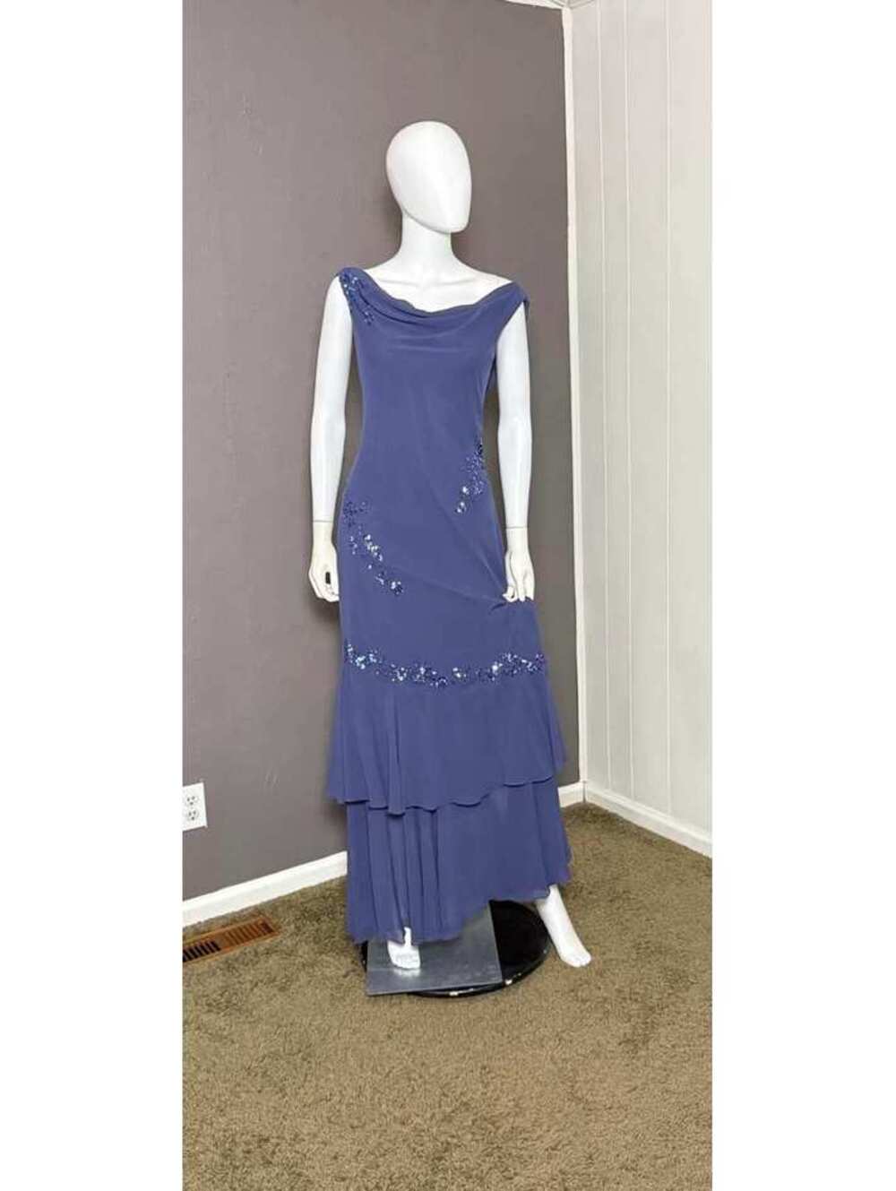 Y2K Cowl Neck Chiffon Evening Gown Bias Cut Tiered Flounce Ruffles Beaded sz 14
